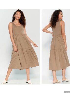 Joan Vass Tiered Cotton Tank Dress Fitted Bodice